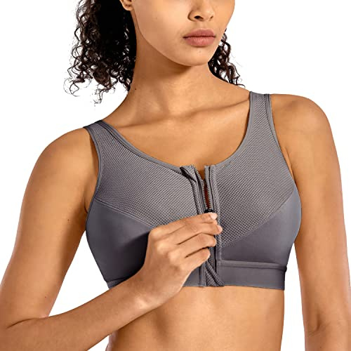 SYROKAN Soutien Gorge Femme Sport sans Armature Maintien Extreme Zippée Devant Dos Nageur Non Rembourré pour Fitness Course Jogging Forêt Sauvage 105G