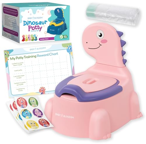Dinosaur Potty Training Toilet Seat, Potty Toilet Set for Boys & Girls with Splash Guard, Toddler, Lid & Comfortable Back Rest, Includes Free Potty Liners & Reward Sticker Chart (Pink)