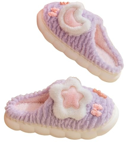 CZQAGCL Cute Women's Star Plush Slippers - Warm Indoor & Outdoor Slippers (Purple, 9)