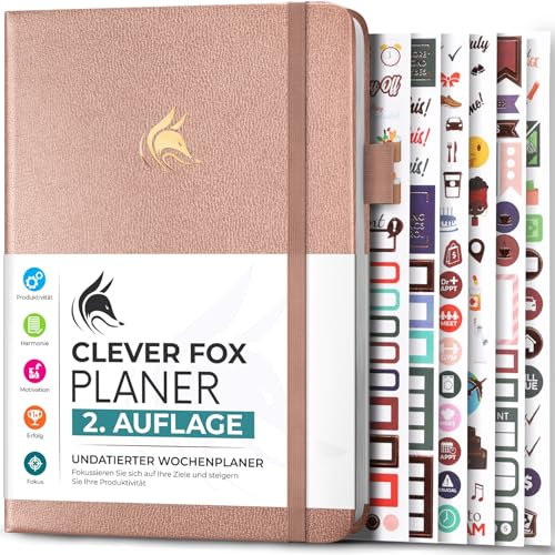 Clever Fox Planner 2. Auflage - Farbenfroher Planer für Wöchentliche und Monatliche Ziele, Zeitmanagement und Produktivität, Dankbarkeits-Tagebuch, Undatiert, A5, Reicht für 1 Jahr - Roségold
