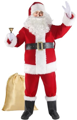 Boveco Christmas Santa Claus Costume for Men Adult 11 Pcs Deluxe Suit Outfit Xmas Santa Holiday Party Cosplay