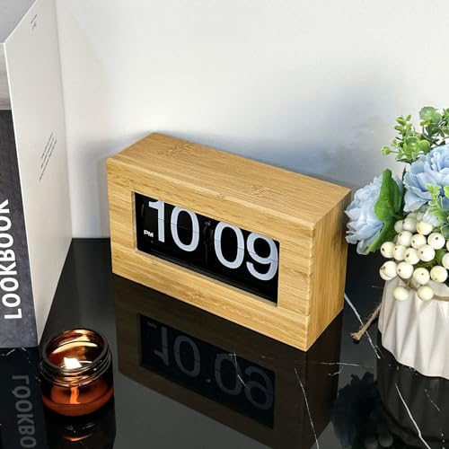 Tonysa Flip Desk Clock, Retro Flip Desk Table Clock, Flip Down Clock, Retro Large Number Flip Down Clock Wooden Auto Flip Desk Clock (Black Background)