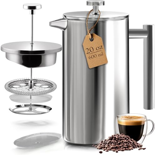 KICHLY 600ml Stainless Steel French Press - Double Wall Coffee Press - Stainless Steel Plunger Coffee & Tea Maker (Silver, 0.6 Ltr, Pack of 12)