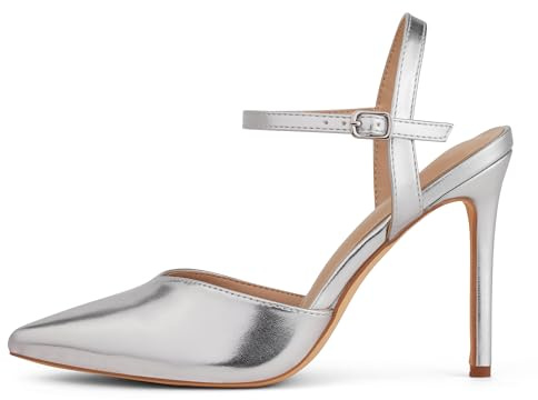 GENSHUO Eleganti Scarpe con Tacco Alto a Punta e Stiletto 10cm, Scarpe da Donna Sexy con Cinturino alla Caviglia per la Sera, Argento PU, 41 EU