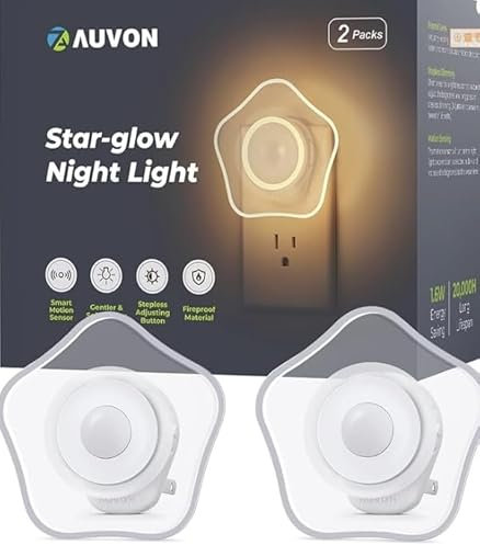 AUVON Sun-glow Nachtlicht Steckdose mit Bewegungssensor, 2 Stück Warmweißes LED Nachtlicht mit 1-50 lm, Helligkeit Einstellbar für Kinderzimmer, Schlafzimmer, Gang, Küche (Stern)