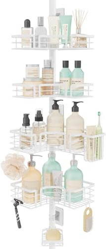 SWTYMIKI Shower Caddy Tension Pole - 4-Tier Corner Shower Organizer Tension Rod with Soap Holder, Toothbrush Holder & 4 Hooks, Adjustable Stainless Steel Bathroom Organizer 27.6 to 108.3 inch, White