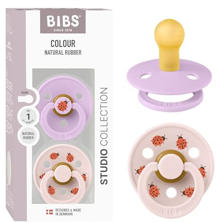 BIBS Colour Studio Soother 2-Pack, BPA Free Dummy Pacifier, Round Nipple. Natural Rubber Latex, Made in Denmark, Size 1 (0-6 Months), Violet Sky/Petal