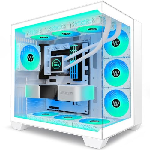 ANSAITE ATX PC Case 9×120 mm ARGB PWM Fans Pre-installed ，Mid-Tower Gaming PC Case, Panoramic Tempered Glass Computer Case with Type-C,360mm Radiator Support ，white，W9