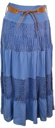 Kiran Fashion New Italian Boho Long Maxi Summer Belted Skirt Lace Gypsy Beach Holiday (UK, Alpha, One Size, Regular, Regular, Jeans Blue)