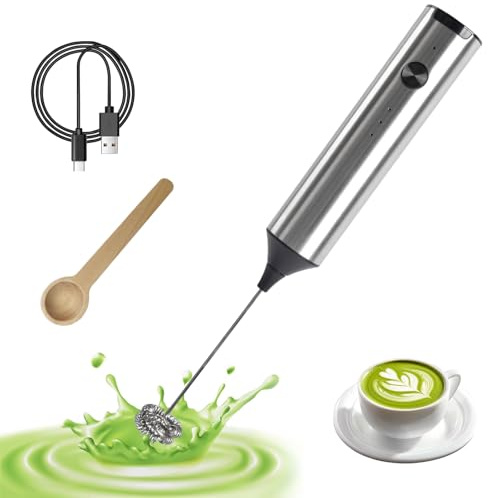Electric Milk Frother Handheld with Small Wooden Spoon, Mini Coffee Frother Wand Rechargeable 3-Speed Drink Mixer Stainless Steel Matcha Whisk For Latte, Matcha Powder, Cappuccino, Hot Chocolate, Egg