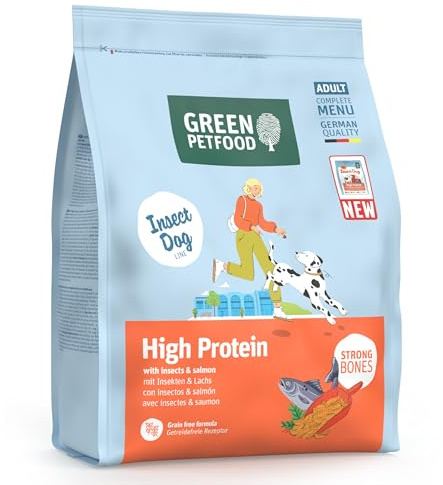 Green Petfood InsectDog High Protein con insetti e salmone (1 x 900 g), per adulti, cibo secco di alta qualità per cani adulti attivi, con lenti rosse, piccola crocchetta, senza cereali, confezione da