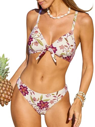 CUPSHE - Conjunto de bikini de estampado floral para mujer, ajustable con nudo, bañador de dos piezas, M