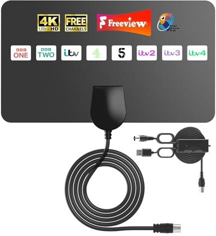TV Aerial Indoor with Strong Adhesive Mount and Signal Amplifier – 360° Reception Freeview Compatible Digital Indoor Aerial for Smart TV – Supports 8K 4K 1080P – 5m Coaxial Cable