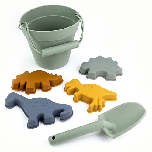 Olgs Silikon Eimer Spielzeug 6-teilig - Dino Grün, Schaufel, Meerestier-Förmchen für Junge - Strand & für Wasser, Strand & Spielplatz