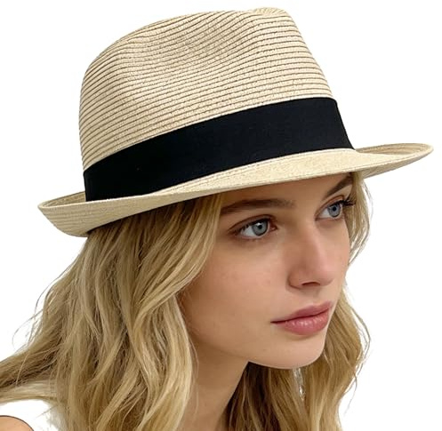 Wildarms Sombrero Fedora de Paja para Mujer con ala Corta, Banda Negra y Estilo Casual para Viaje, Playa y Vacaciones