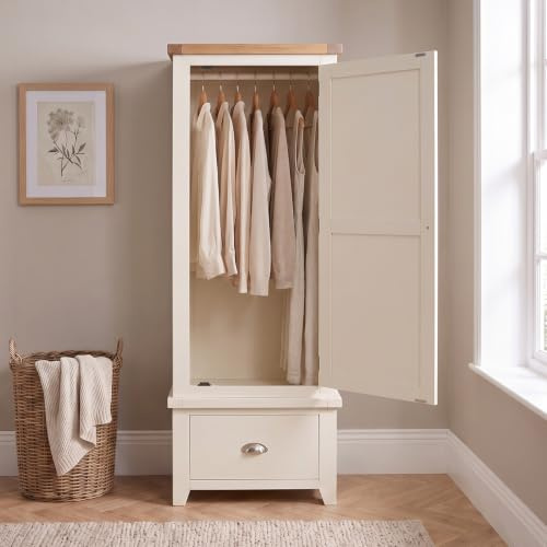 The Furniture Market Cheshire Cream Painted Single Wardrobe with Drawer, Limed Oak Top, Stylish Clothes Storage with Telescopic Drawer Runners, Timeless Design - H 1910mm x W 725mm x D 555mm