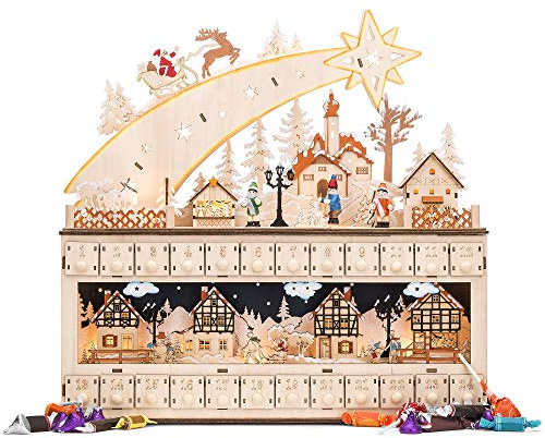 Best Choice Products Wooden Christmas Advent Calendar, Shooting Star Holiday Decoration w/Battery-Operated LED Light Background