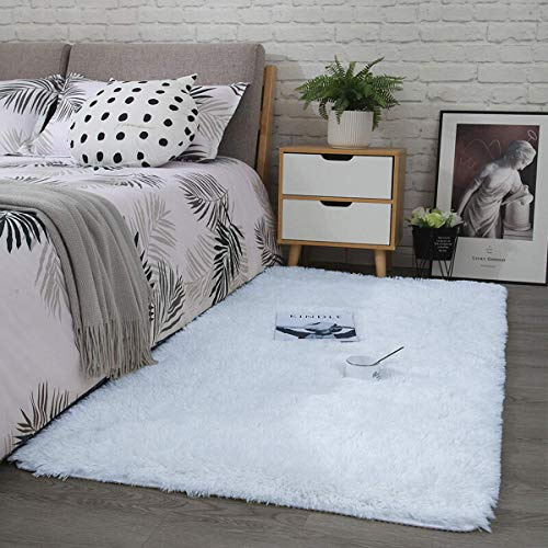 Calore Teppiche Schlafzimmer Flauschig Weicher Hochflor Teppich Anti-Rutsch-Teppich Wohnzimmer Moderne Teppiche Waschbarer (80 x 120 cm, Weiß)