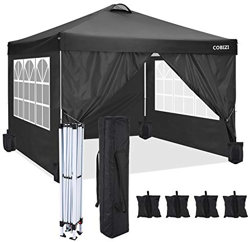 COBIZI Pavillon 3x3m Faltpavillon wasserdicht PVC Beschichtung Pavillondach UV Schutz 50+, mit 4 Seitenteilen für Pavillon 3x3m, Pop up partyzelt Garten Pavillion Zelt inkl. 4 Sandsäcke（Schwarz