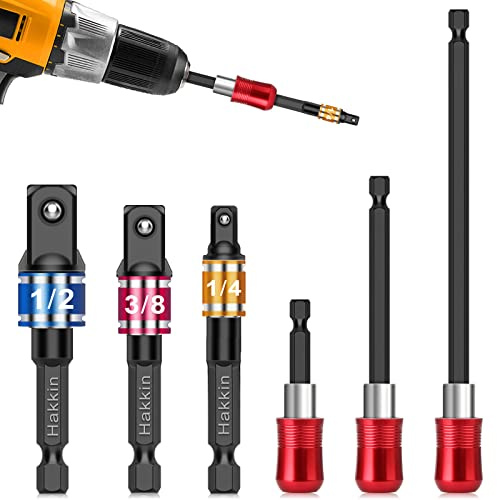 Hakkin 6Pcs Impact Grade Socket Adapter Set & Extension Bit Holder 3Pcs 1/4”, 3/8”, 1/2” Drive Impact Socket Adapter 3Pcs Drill Bit Extension Bit Holder for Power Drill to High Torque Impact Wrench
