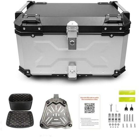 TsoLAY Aluminium Motorradkoffer, Helmkoffer, Universal Motorrad Heckkoffer,Wasserdicht Klein Topcase Für Roller,Motorrad,Mofa,Quad, 45L 55L 65L 80L 100L Motorrad Kofferraum Gepäck -Silber||45L