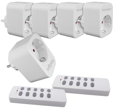 Klarlight Prise Telecommande Sans Fil 2300W 230V Prise Télécommandée de Gamme 30M, Comprend 5 Prises et 2 Télécommandes Pour la Décoration Festive, Programmable et Extensible, Blanc