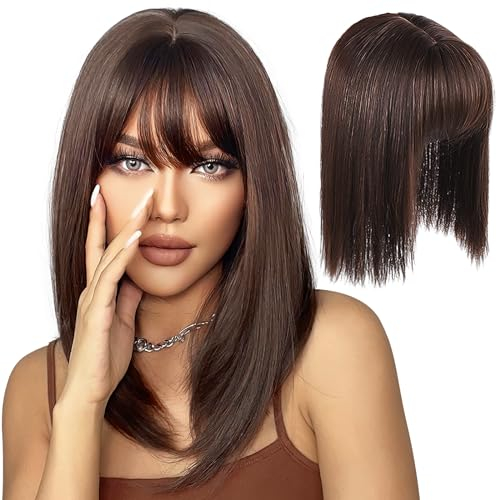 Echthaar Topper Top Haarteile Clip in Pony Haarverlängerung Haarteil, Clip in Fransen Fringe Bangs Verlängerung Haarteil Extensions Bangs natürliche Fringe Dünn Bang für Frauen Mädchen, Braun