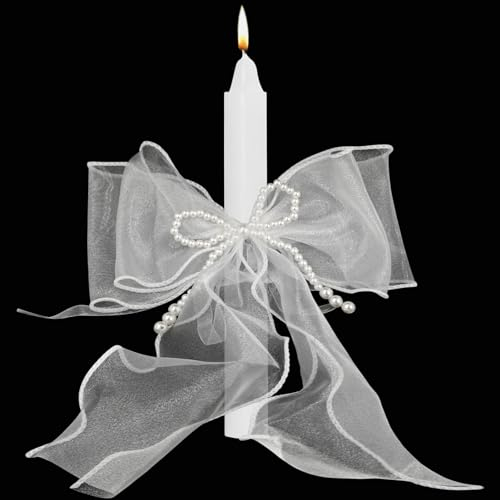 Bougie de Baptême, Communion et Mariage Blanche - Adaptée aux Cérémonies, Avec Nœud,Bougies Anti-Gouttes,pour Communion, Fête, Baptême,Mariage