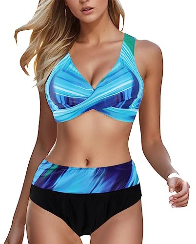Dislsokrhov Damen Große Größen Hoher Taille Bikini Set Push Up Badeanzug Ruched Bauchweg Bademode Zweiteiliger Swimsuit High Waist Bademode Tankini Zweiteiliger Badeanzüge Blau, S