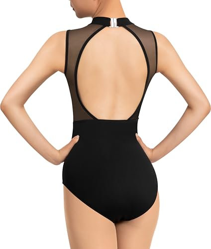 BAKPH Body da danza da donna a collo alto per danza classica con spacco frontale e retro cavo, fodera frontale completa, nero, Small