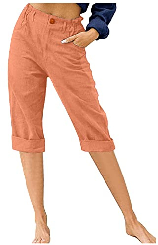 GRECERELLE Pantalones Capri 7/8 de Mezcla de Lino de Verano de Color Sólido para Mujer - Diseño Cómodo, Elástico y Versátil, naranja, M