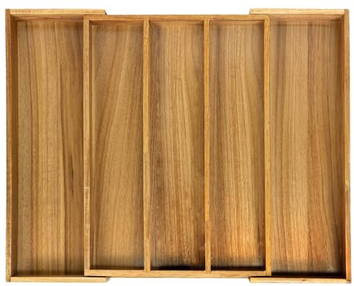 VaeFae organizador cubiertos de Acacia,Bandeja Cuberteros para Cajon Cocina Extensible, con 3 a 5 compartimentos, Soporte de Utensilios de Madera para Cubiertos y Herramientas de Cocina
