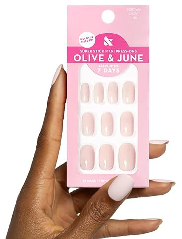 Olive & June Classic Super Stick Mani Press On Nails | Valentine's Day |Short Squoval No Glue Needed | 32 Tab Nails in 16 Sizes | Non-Toxic Tabs Easy On-Off Non-Damaging 7-Day Wear | Tutu Pastel Pink