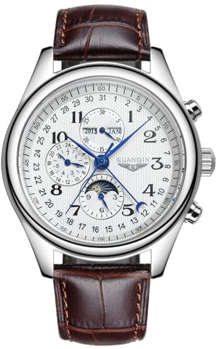 Guanqin Montre mécanique multifonction à remontage automatique en cristal saphir pour homme - Phase de lune - Calendrier perpétuel - Étanche - Bracelet en acier inoxydable ou en cuir