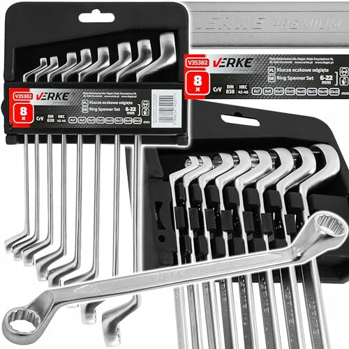 Verke Set 8 Chiavi ad Anello, 6-22 mm, Acciaio CrV, DIN 838, Doppia Misura 12 Punti, con Custodia