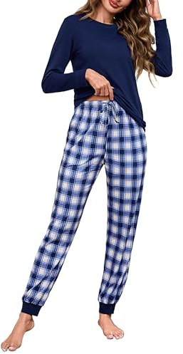 Aseniza Pyjamas, dam, lång bomull, pyjamas-set, långärmad, nattkläder med fickor, hemmadräkt för vinter, sovkläder, tvådelad, blå, XXL