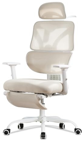 UEV Ergonomisk kontorsstol, andningsbar nätstol, beige | Justerbart nackstöd, infällbart fotstöd, viktkapacitet upp till 150 kg, lutning från 90° till 135°