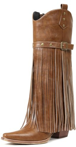 Cozivwaiy Women Fringe Cowboy Boots Brown Boots Knee High With Tassel Western Cowgirls Boot Mid Chunky Heel Pointed Toe Country Party Shoes Size 6
