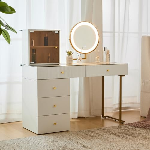 VS VanShine Tavolo da toeletta con illuminazione a LED, 3 luminosità regolabile, tavolo cosmetico con piano in vetro, 3 cassetti, montaggio flessibile, per camera da letto, 120 x 45 cm, moderno