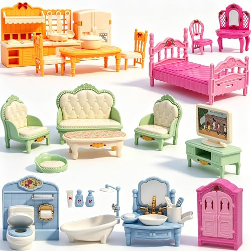 Ensemble de meubles de maison de poupée miniature 38 pièces, accessoires pour maison de poupée avec chiens et chats, cuisine, chambre à coucher, salon, salle de bain, excellente idée cadeau
