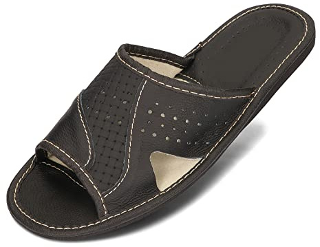 BeComfy Zapatillas de Casa para Hombres 100% Cuero Genuino Zapatillas de Verano Puntera Abierta 40-46 EU (Negro, 44)