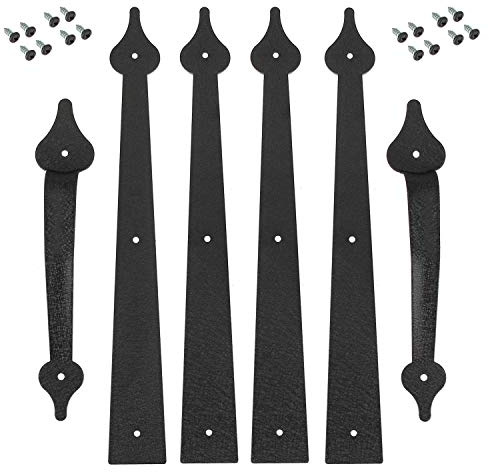 Homode Decorative Garage Door Hinges Handles, Faux Garage Door Accents, Metal Handles Hinges Hardware Kit, Screw Mounted, Black, Spear Style (4 Hinges+2 Handles)