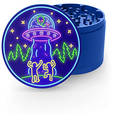 GRINDNATION Premium Design Grinder Crusher 'UFO' | Blau | ø 63mm groß | messerscharfes Mahlwerk | 4-teilig | Set inkl. Beutel, Schaber & Pinsel