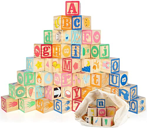 Jacootoys 36 Uds Bloques ABC de Madera Extra Grande Letras del Alfabeto Juego de Construcción Montessori Juguetes Educativos para Niños