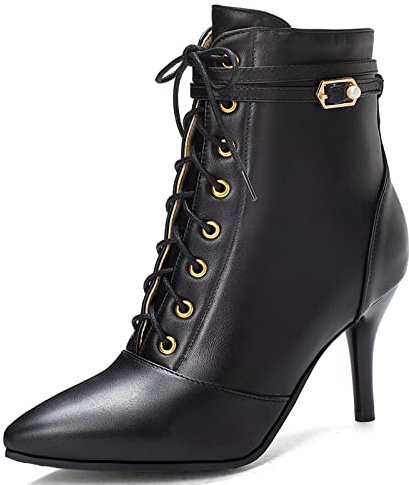 Viéctaa Bottines Femme à Lacets Talon Haut Aiguille Effet Cuir Boots Hiver Bout Pointu Soirée Chaussures - Noire Velours Imprimé 39
