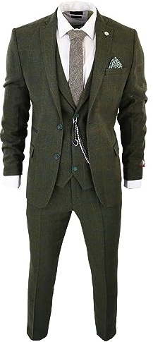 Men's 3 Piece Suit Wool Tweed Green Blue Brown Check 1920s Gatsby Formal Dress Suits