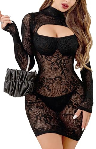 XIUSEMY Sexy Lingerie Dress for Women Fishnet Hollow Out Bodycon Stretchy Nightwear Exotic Beach Cover Up Outfit(Black 0090)