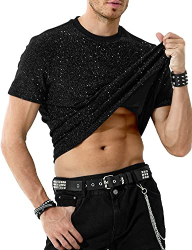 Casey Kevin T Shirt Paillette Homme à Manches Courtes Tee Shirt Strass Tenue Disco Doré Vetements Brillant Sexy T-Shirts Fête Costume Haut Sequin Chemise Scintillant Scintillantes Danse Clubwear