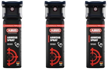 ABUS Abwehrspray SDS80 zur Tierabwehr – Pfefferspray zur Selbstverteidigung bei Tierangriffen – Jet-Sprühstrahl für bis zu 5 Meter Reichweite – auch kopfüber - je 45 ml - 3er Set