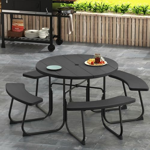 GIANTEX Ensemble de meubles de jardin pour 8 personnes, table ronde avec 4 bancs, table à bière avec trou pour parasol, salon résistant aux intempéries en polyéthylène haute